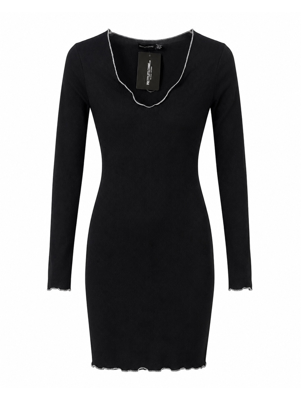 PrettyLittleThing Black Long Sleeve Bodycon Dress with Contrast Stitching, Size